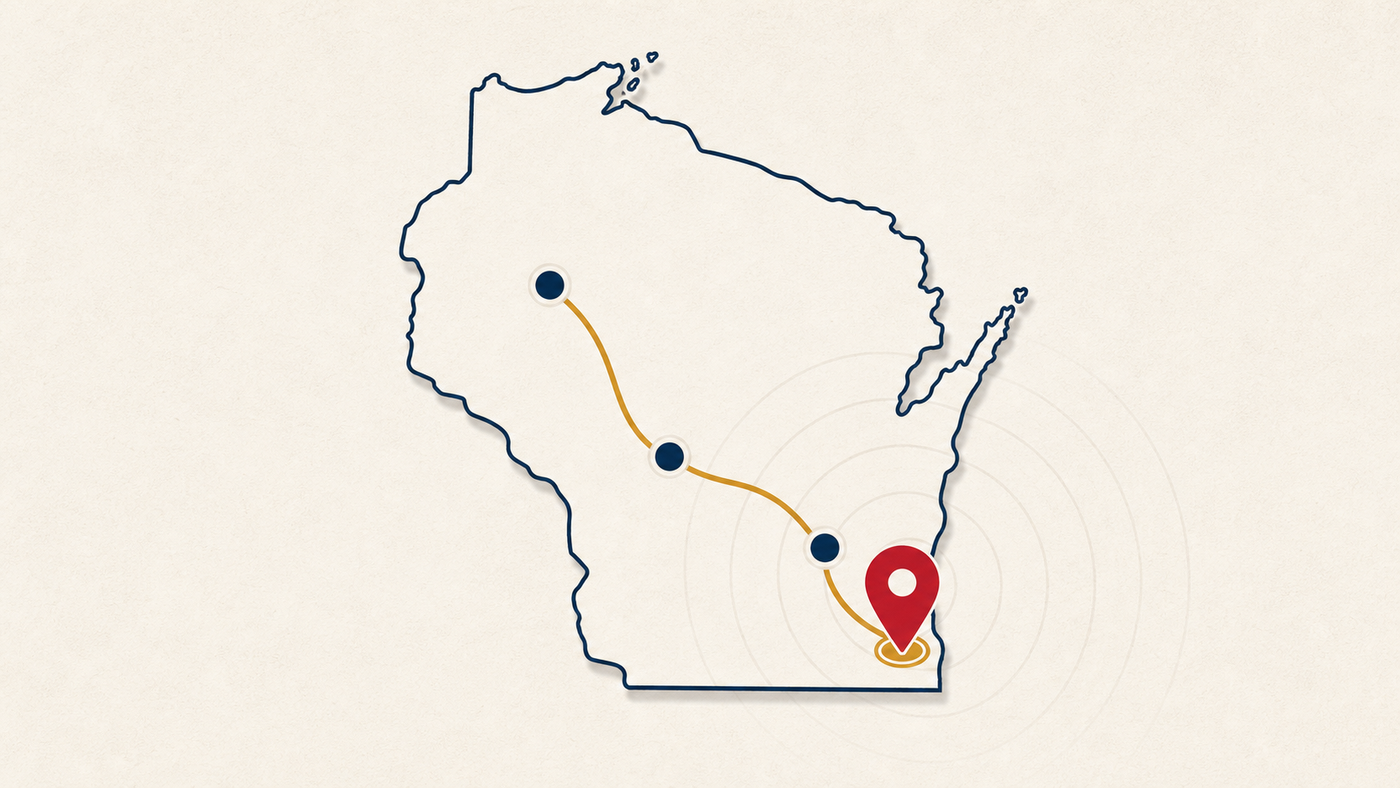 Minimal Wisconsin AI visibility thumbnail with a Wisconsin outline, red location pin, and gold route line
