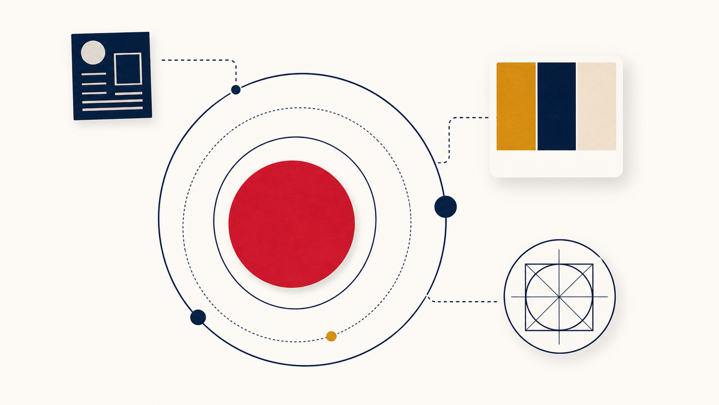 Minimal brand strategy thumbnail with a red core circle and orbiting brand elements