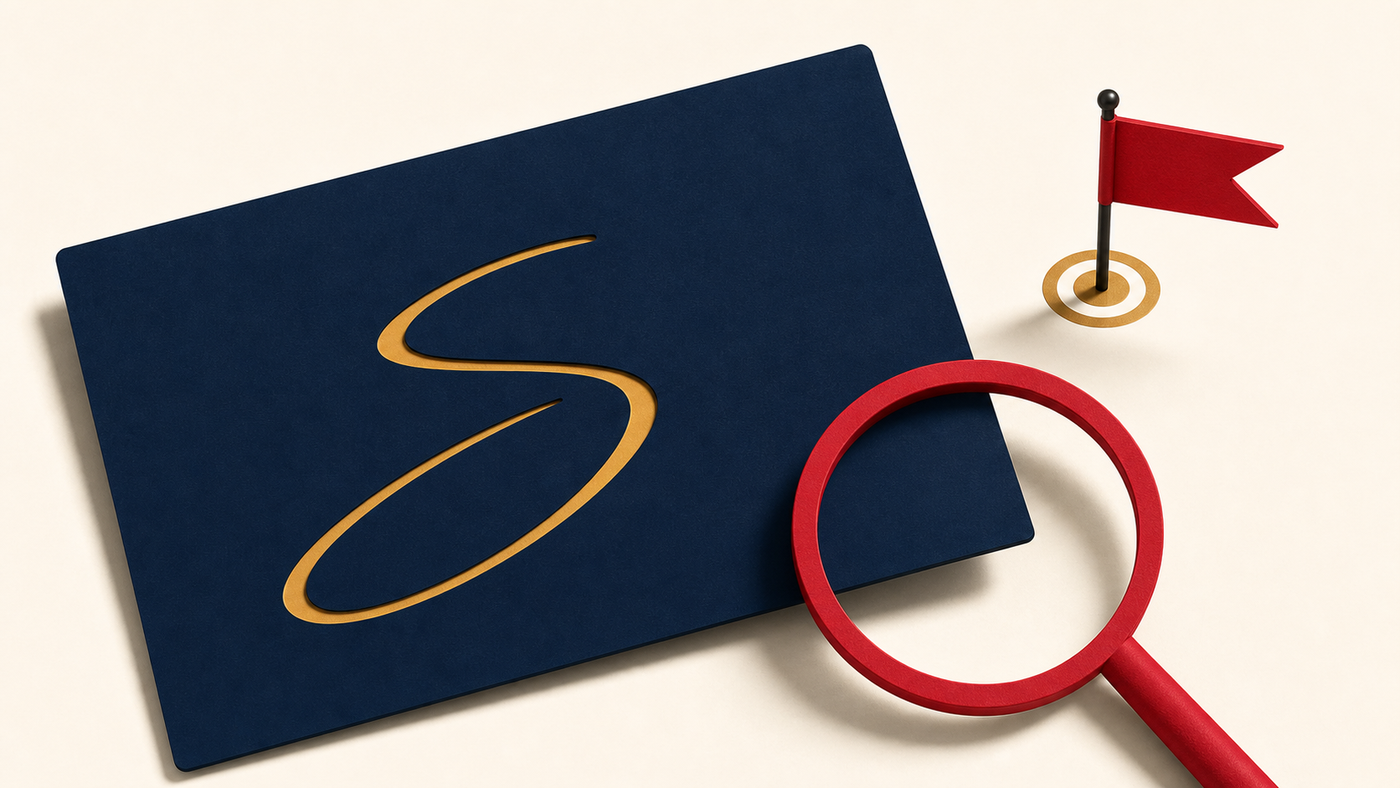 Minimal agency evaluation thumbnail with a pitch deck, magnifying glass, and red flag