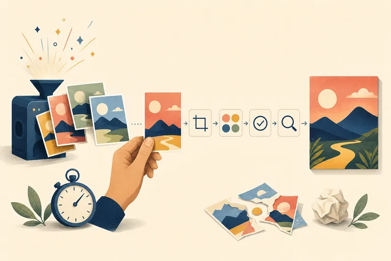 Editorial illustration showing rough AI-generated image drafts moving through human editing and review into one polished final asset