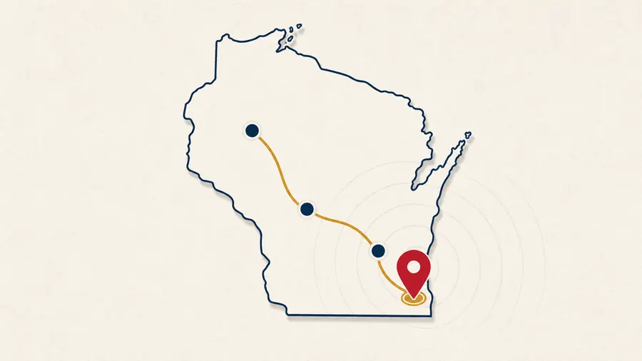 Minimal Wisconsin AI visibility thumbnail with a Wisconsin outline, red location pin, and gold route line