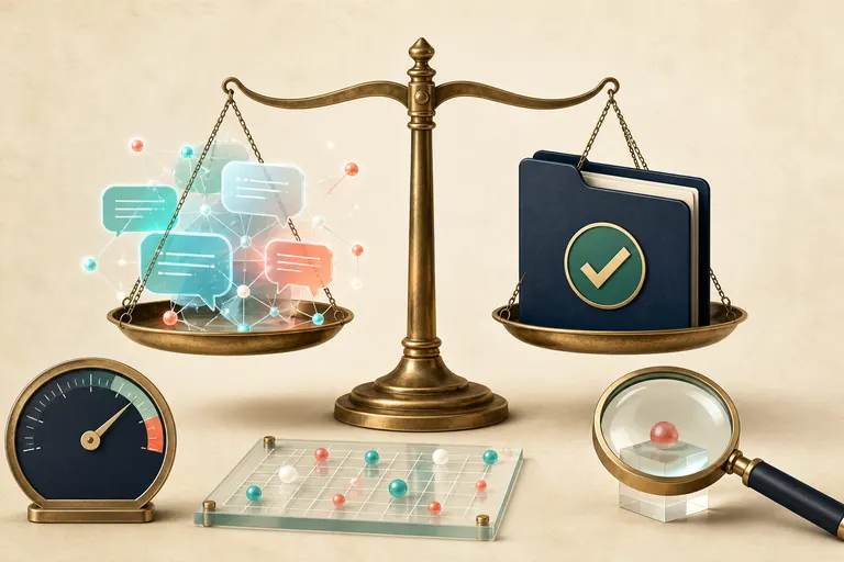 Editorial illustration of AI response signals and a verified decision folder balanced on a brass scale with measurement tools