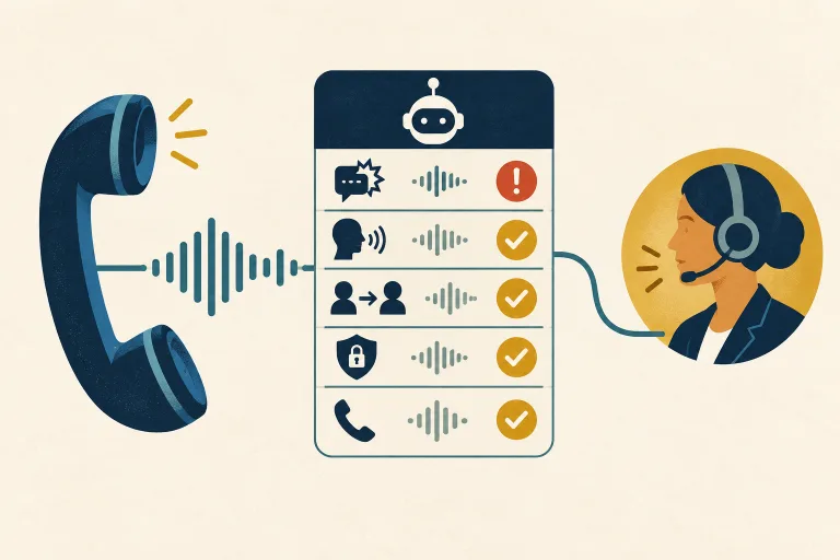 Editorial illustration of a telephone, audio waveforms, a voice-agent test checklist, privacy shield, and human support handoff