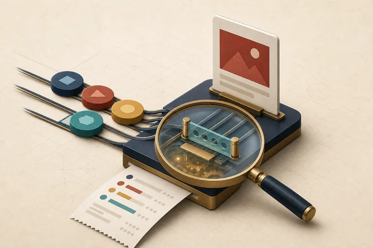 Editorial illustration of colored bid tokens entering an advertising auction while a magnifying glass reveals the pricing mechanism and evidence receipt