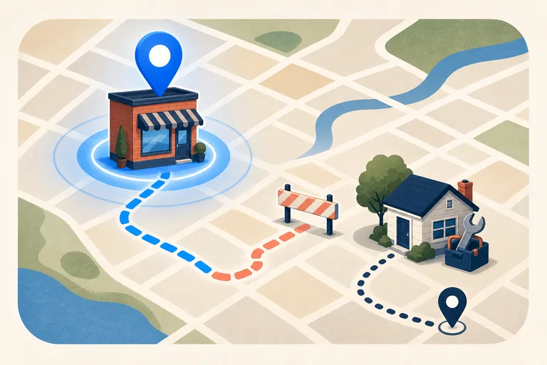 Editorial map illustration showing a promoted storefront and a home-service route separated from paid placement