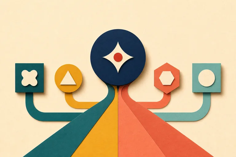 Editorial illustration of four distinct brand markers converging into one central identity