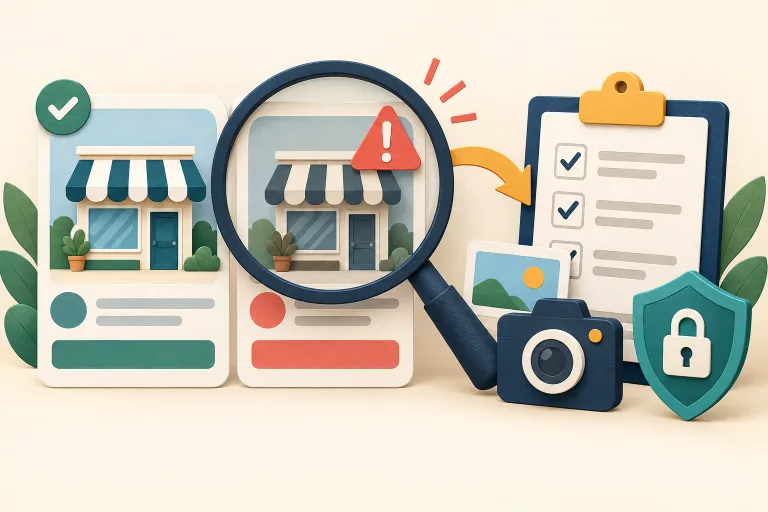 Editorial illustration of a legitimate storefront and an impersonating ad being inspected, documented, and secured