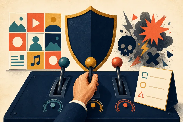 Editorial illustration of a hand operating media controls behind a shield that separates content tiles from hazards