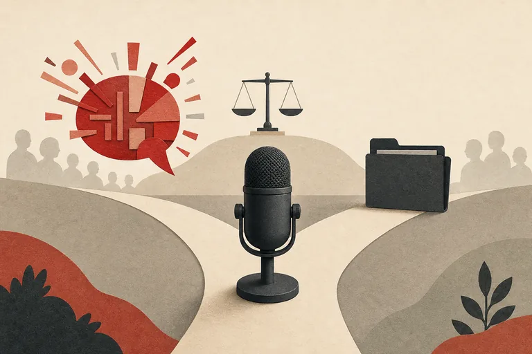 Editorial illustration of a microphone at a fork between a speech bubble and a closed folder, with a decision scale and audience silhouettes