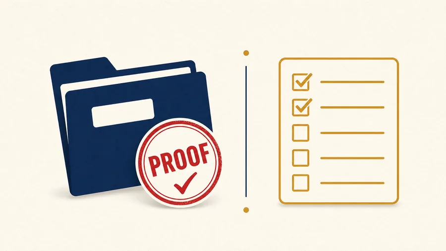 Minimal case study thumbnail with a navy folder, a red proof stamp, and a gold checklist