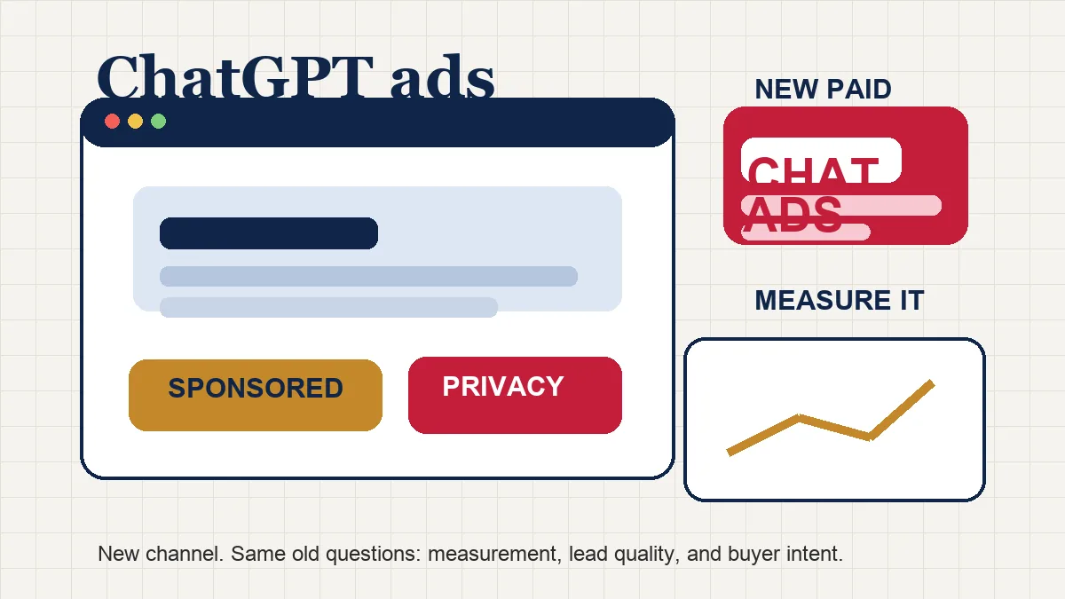 Editorial thumbnail showing a chat interface, a sponsored ad card, a privacy badge, and a measurement chart on an ivory background