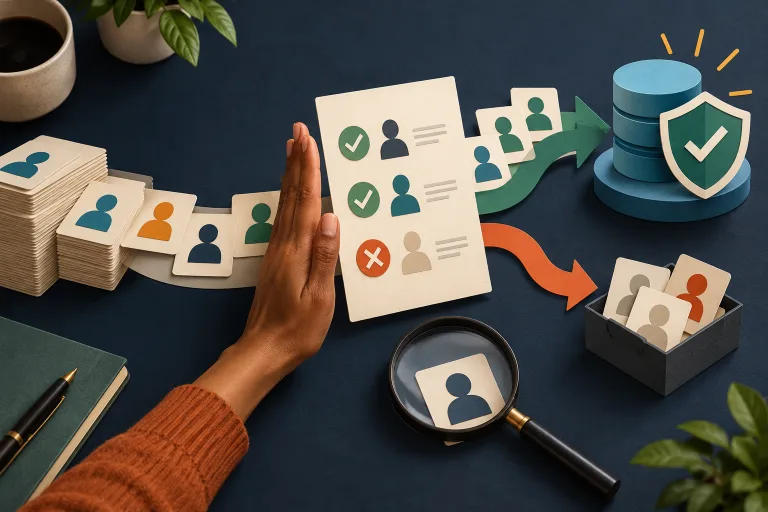 Editorial illustration of a marketer stopping customer cards for a permission and exclusion check before they enter an advertising audience database
