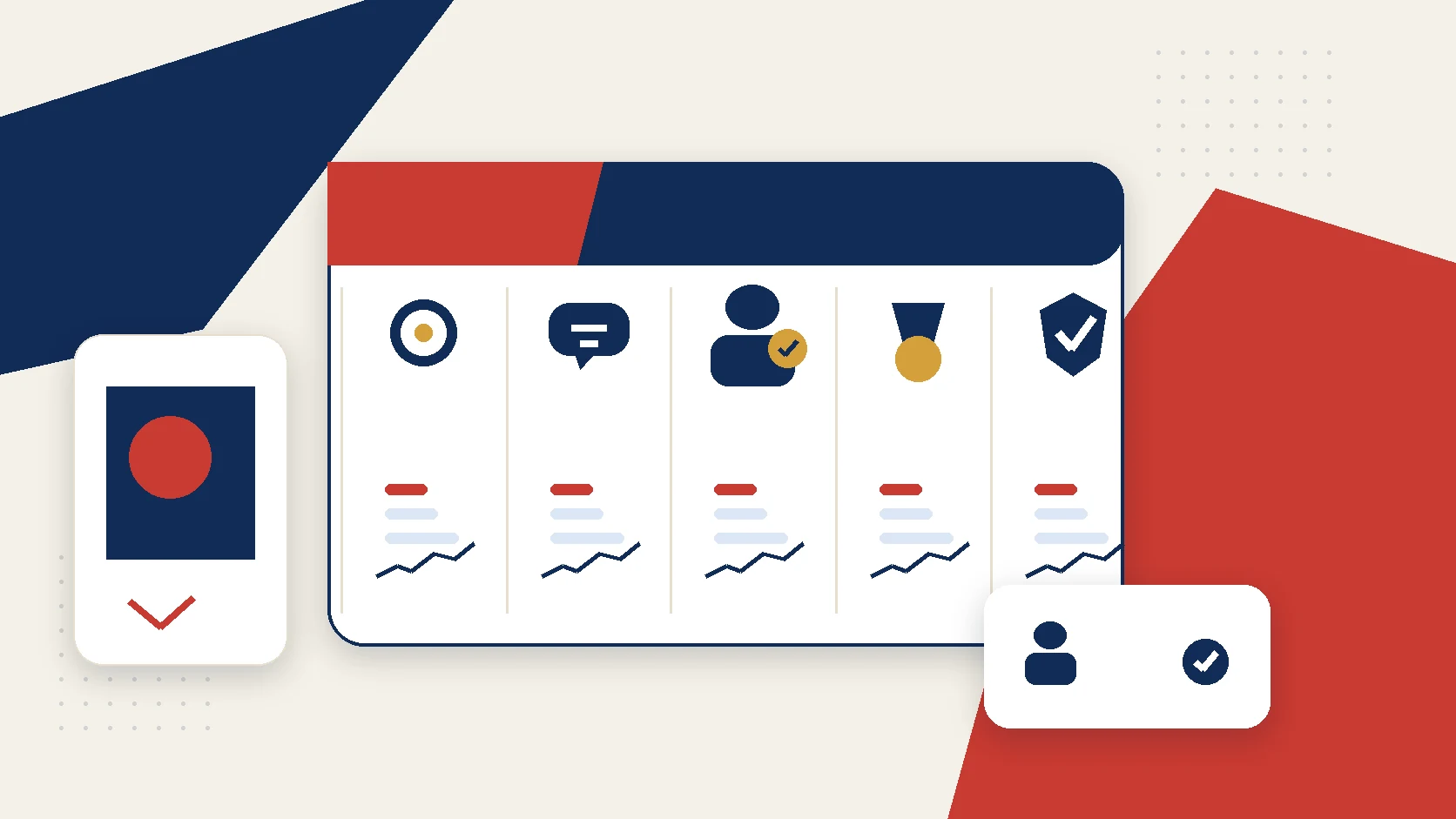 Editorial thumbnail showing a creator marketing dashboard with five icon-led metric columns, profile cards, and proof markers in SigServe colors