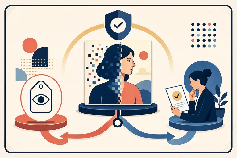 Editorial illustration of a synthetic portrait moving through disclosure and human-review checkpoints