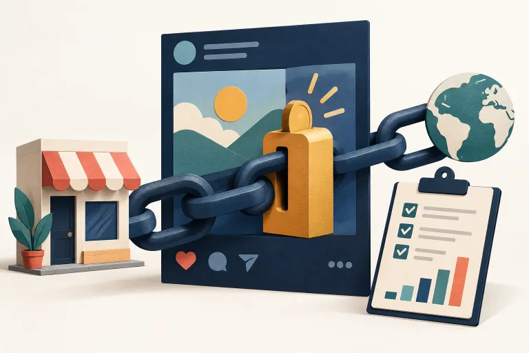 Editorial illustration of a small business, a social post, a chained web link, and an analytics checklist