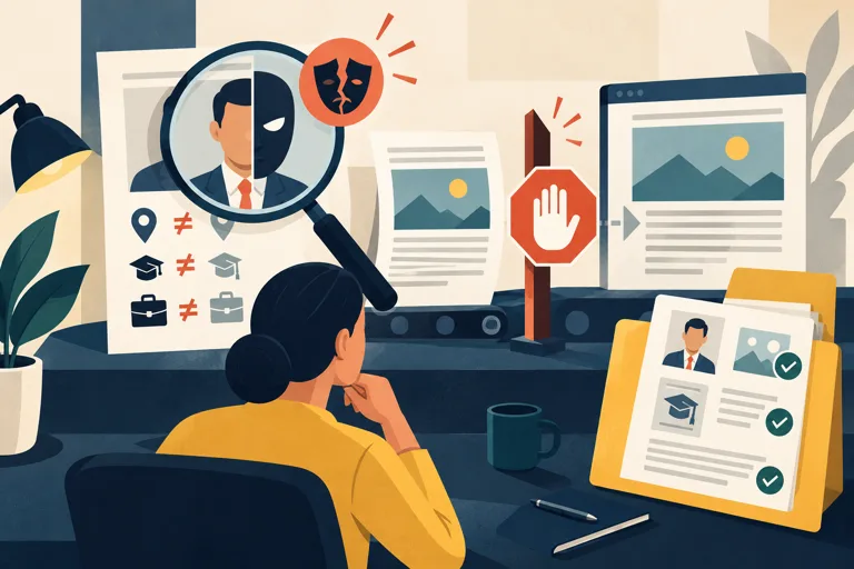 Editorial illustration of an editor inspecting a contributor profile and stopping a suspicious manuscript at a verification checkpoint