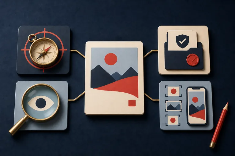 Editorial illustration of a campaign card connected to tools for strategy, comprehension, proof, and channel review