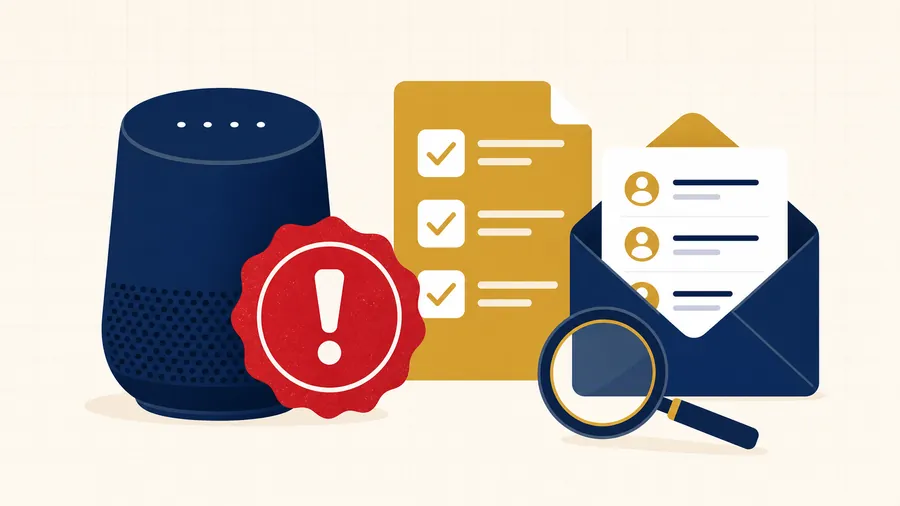 Minimal AI marketing compliance thumbnail with a navy microphone, red warning badge, gold checklist, and magnifying glass