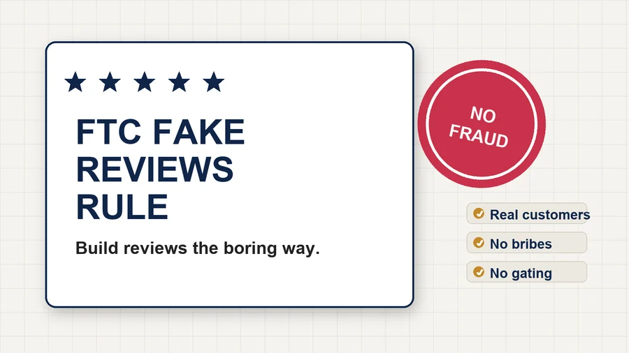 Minimal review thumbnail with navy stars, a red warning stamp, and a gold checklist
