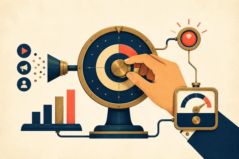 Editorial illustration of a hand auditing an automated advertising target dial connected to budget and performance gauges