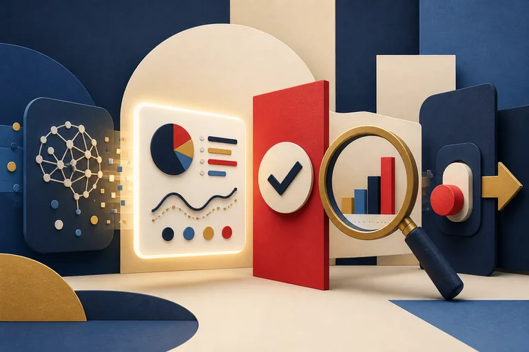 Editorial illustration of an AI recommendation passing through an approval gate and evidence check before action