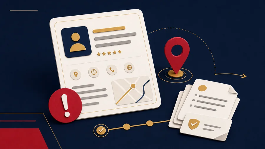 Minimal business profile suspension thumbnail with map pin, warning badge, and checklist documents