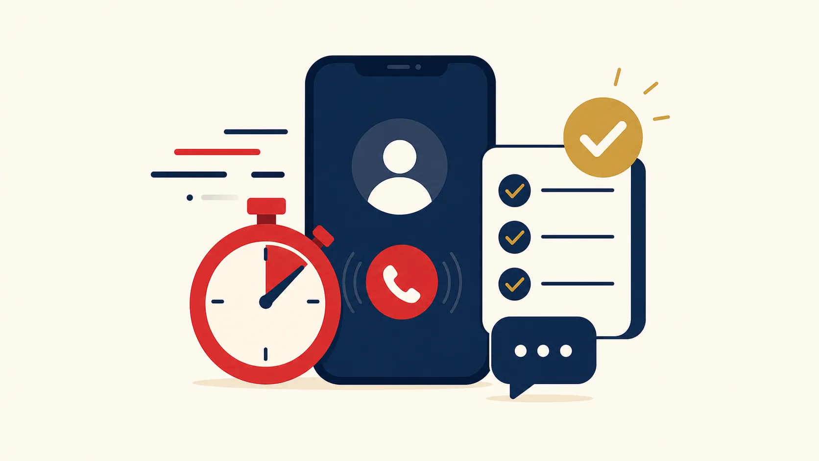 Minimal speed-to-lead thumbnail with a navy phone, red stopwatch, and gold checklist checkmark