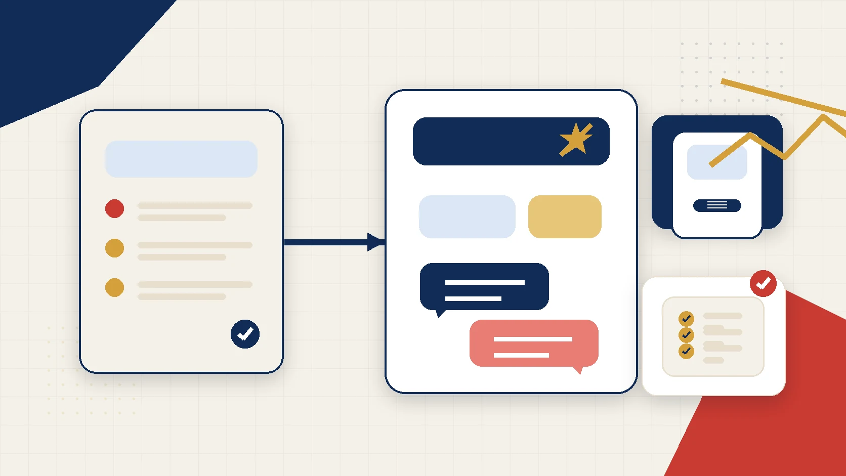 Editorial thumbnail showing a campaign brief card flowing into AI chat bubbles, a dashboard, and a review checklist in SigServe colors