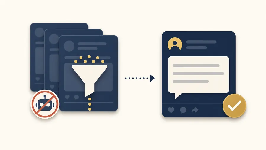Minimal social feed thumbnail with navy post cards under a filter funnel, a crossed-out robot icon, and a highlighted human speech bubble checkmark badge