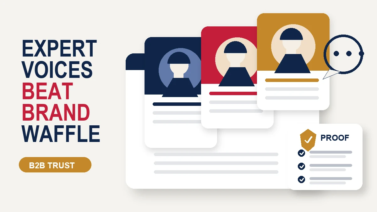 Editorial thumbnail showing expert profile cards rising above a plain brand page card, plus a proof checklist on an ivory background