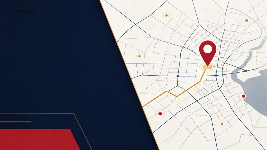 Minimal local SEO map thumbnail with a red location pin and gold route line