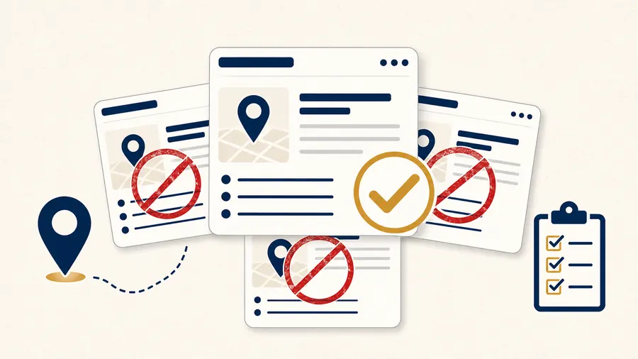 Minimal location pages thumbnail with stacked web page cards, crossed-out red stamp, and gold checkmark