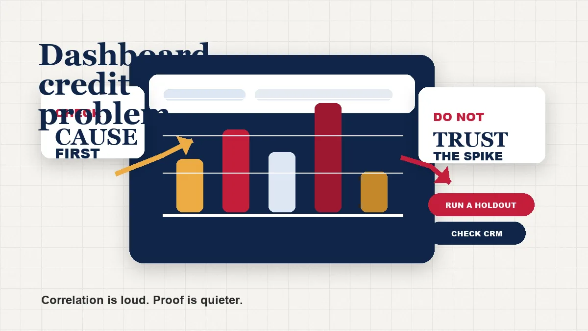 Editorial thumbnail showing a marketing dashboard, a causality check card, a red warning bar chart, and a gold experiment badge on an ivory background