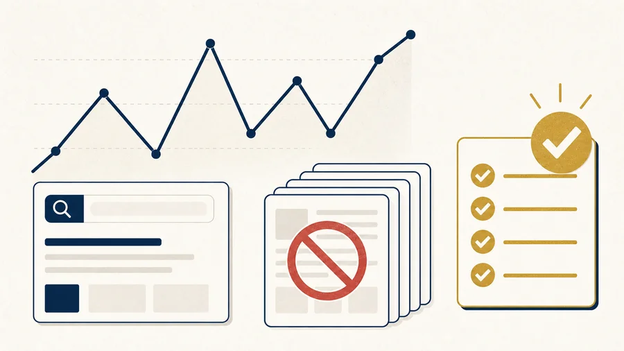 Minimal core update volatility thumbnail with a jagged line chart, repeated page cards crossed out, and a checklist