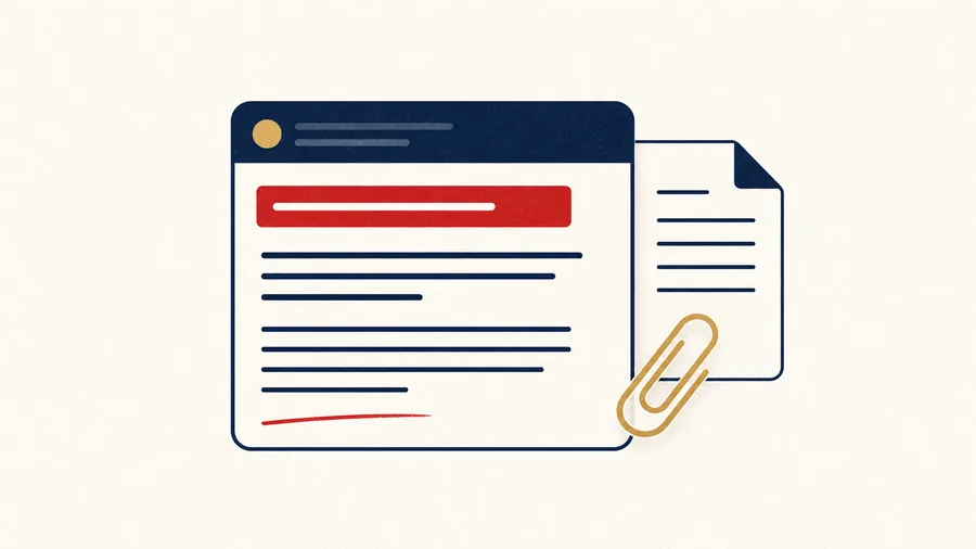 Minimal media pitching thumbnail with a navy email card, a red subject line badge, and a gold proof attachment icon