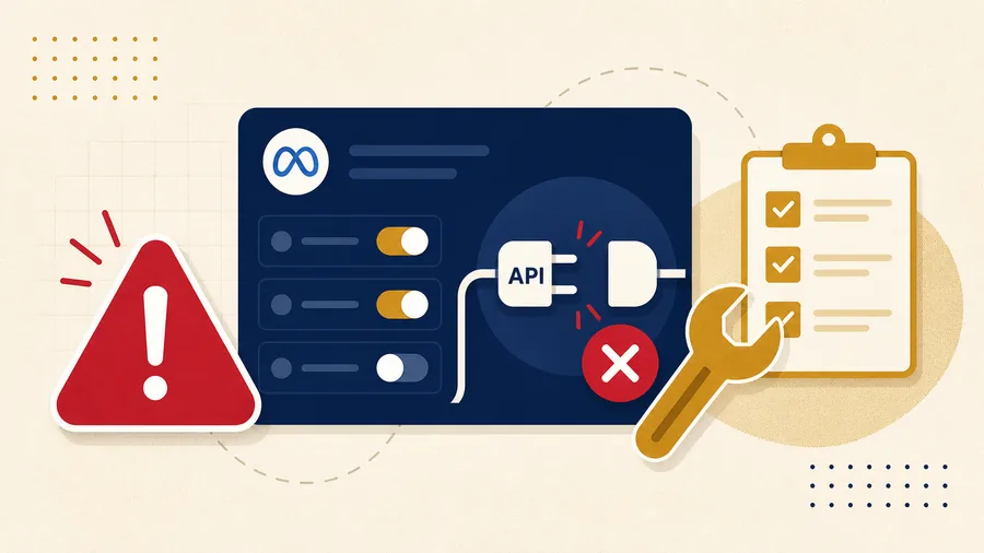 Minimal Meta Ads automation thumbnail with a navy dashboard card, an unplugged API plug icon, a red warning badge, and a gold wrench checklist