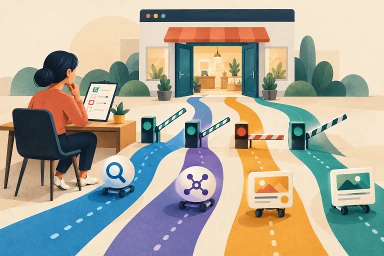 Editorial illustration of a marketer reviewing four controlled crawler paths leading to a business website