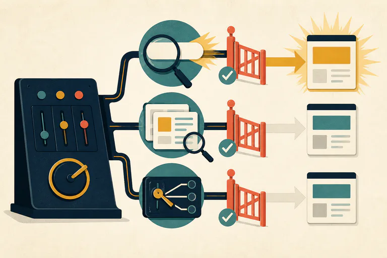 Editorial illustration of three automated advertising paths passing through review gates before reaching landing pages