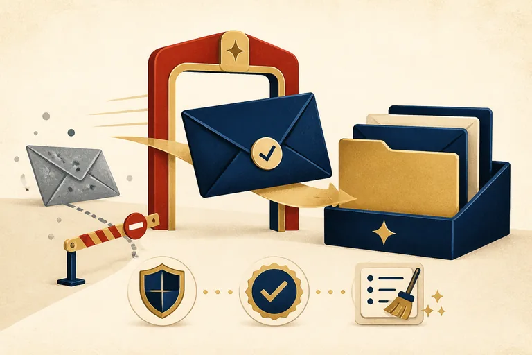 Editorial illustration of a trusted marketing email passing through a sorting gate into an organized promotions folder