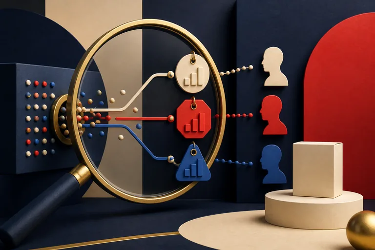 Editorial illustration of three customer profiles receiving different price signals while a magnifying glass inspects the data paths