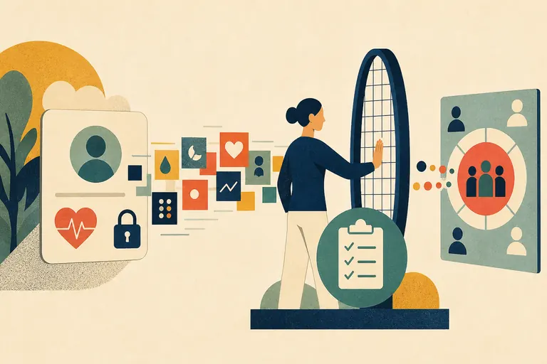Editorial illustration of sensitive customer data reaching a human review gate before an advertising audience