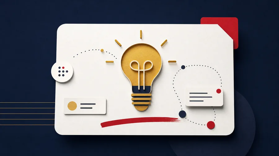 Minimal thought leadership thumbnail with a gold idea mark and red underline