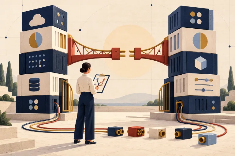 Editorial illustration of a marketing operations leader reviewing two modular technology stacks connected by an unfinished bridge