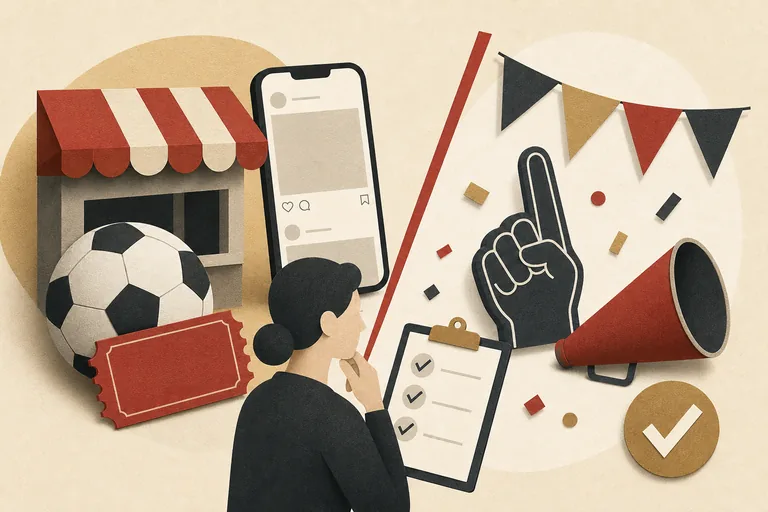 Editorial illustration of a small business reviewing a football promotion with a phone, raffle ticket, checklist, and generic fan decorations