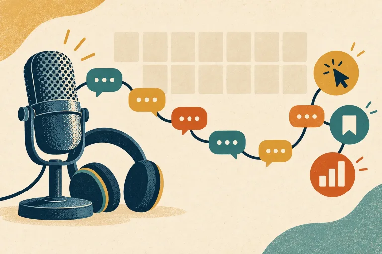 Editorial illustration of a podcast microphone connected by conversation bubbles to click, save, and measurement symbols