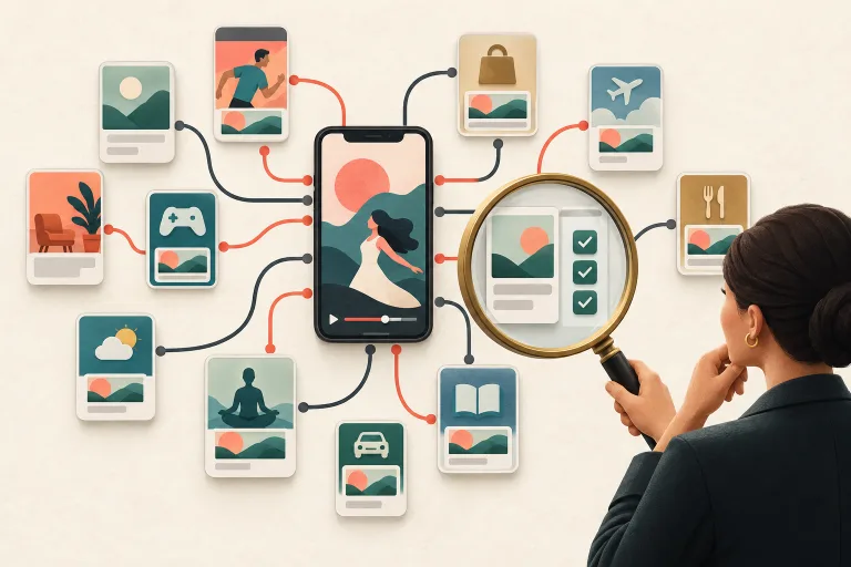 Editorial illustration of a marketer inspecting a short-video campaign as it expands into a network of mobile app placements