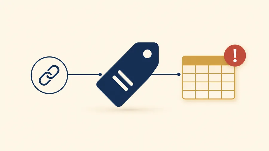Minimal campaign tracking thumbnail with a navy tag, red warning badge, gold spreadsheet card, and link icon