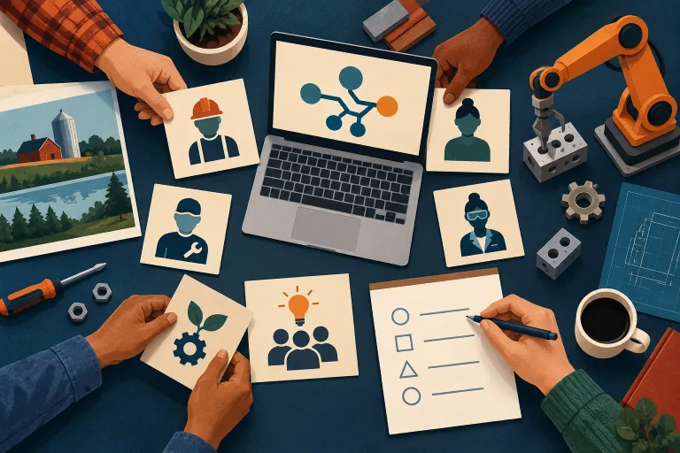 Editorial illustration of Wisconsin workers building an AI training plan around a laptop, manufacturing tools, role cards, and a checklist