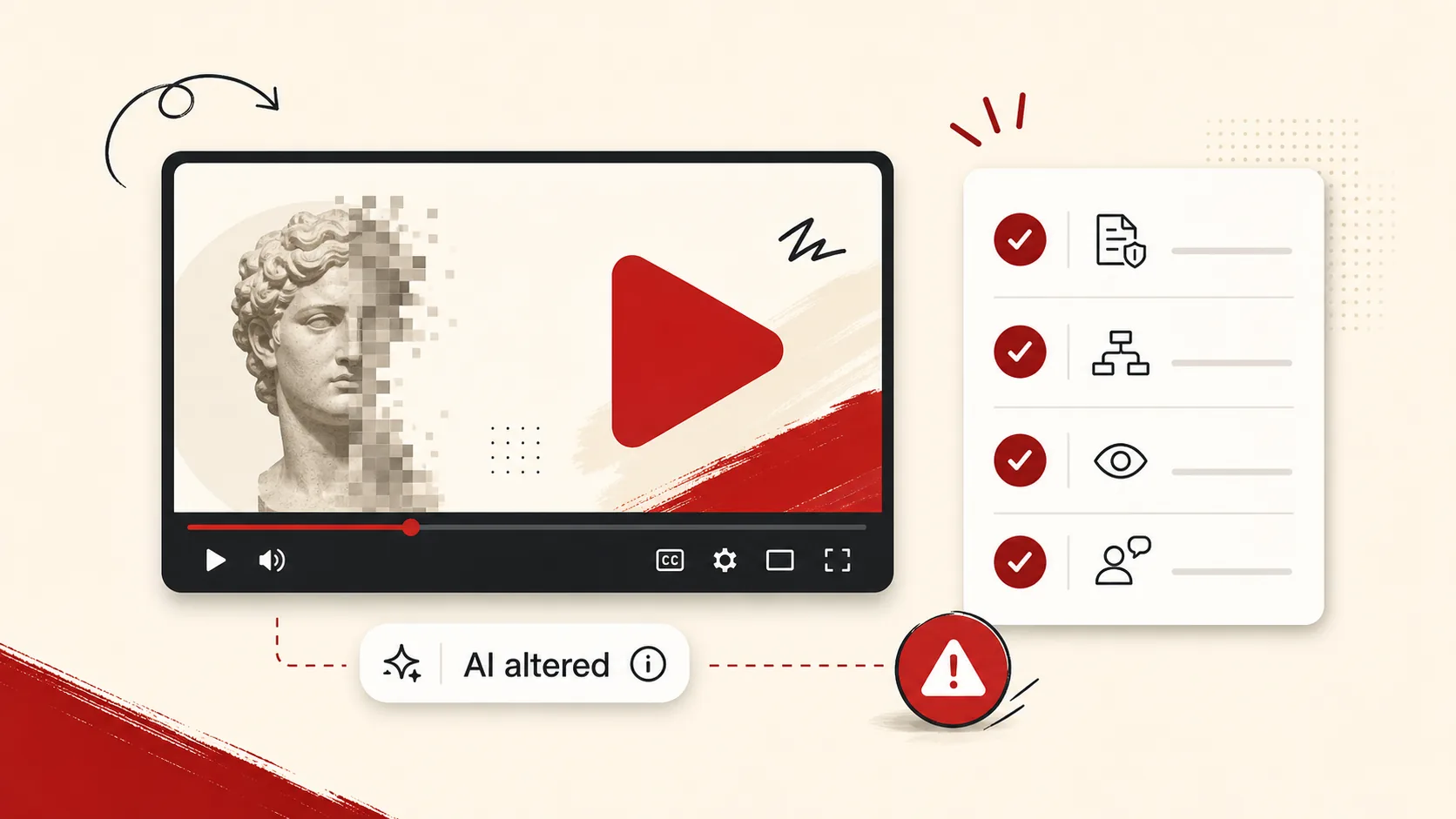 Editorial thumbnail showing a video player with an AI altered label, a workflow checklist card, and a warning badge on an ivory background
